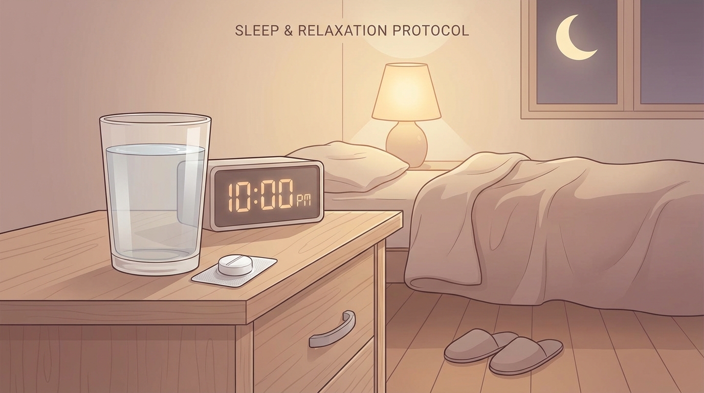 취침 전 마그네슘 복용을 권장하는 편안한 분위기의 이미지