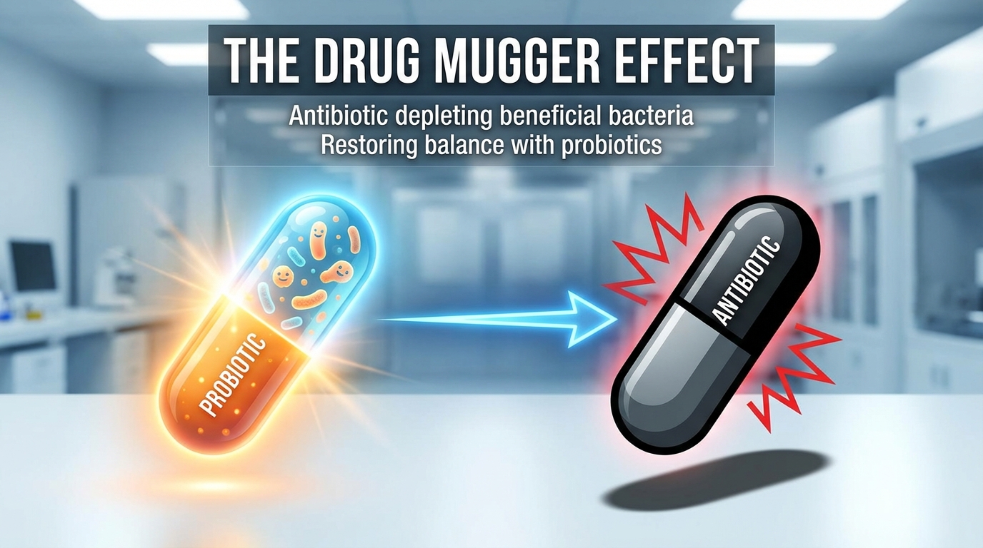 항생제와 유산균의 상호작용 및 드럭 머거 개념도