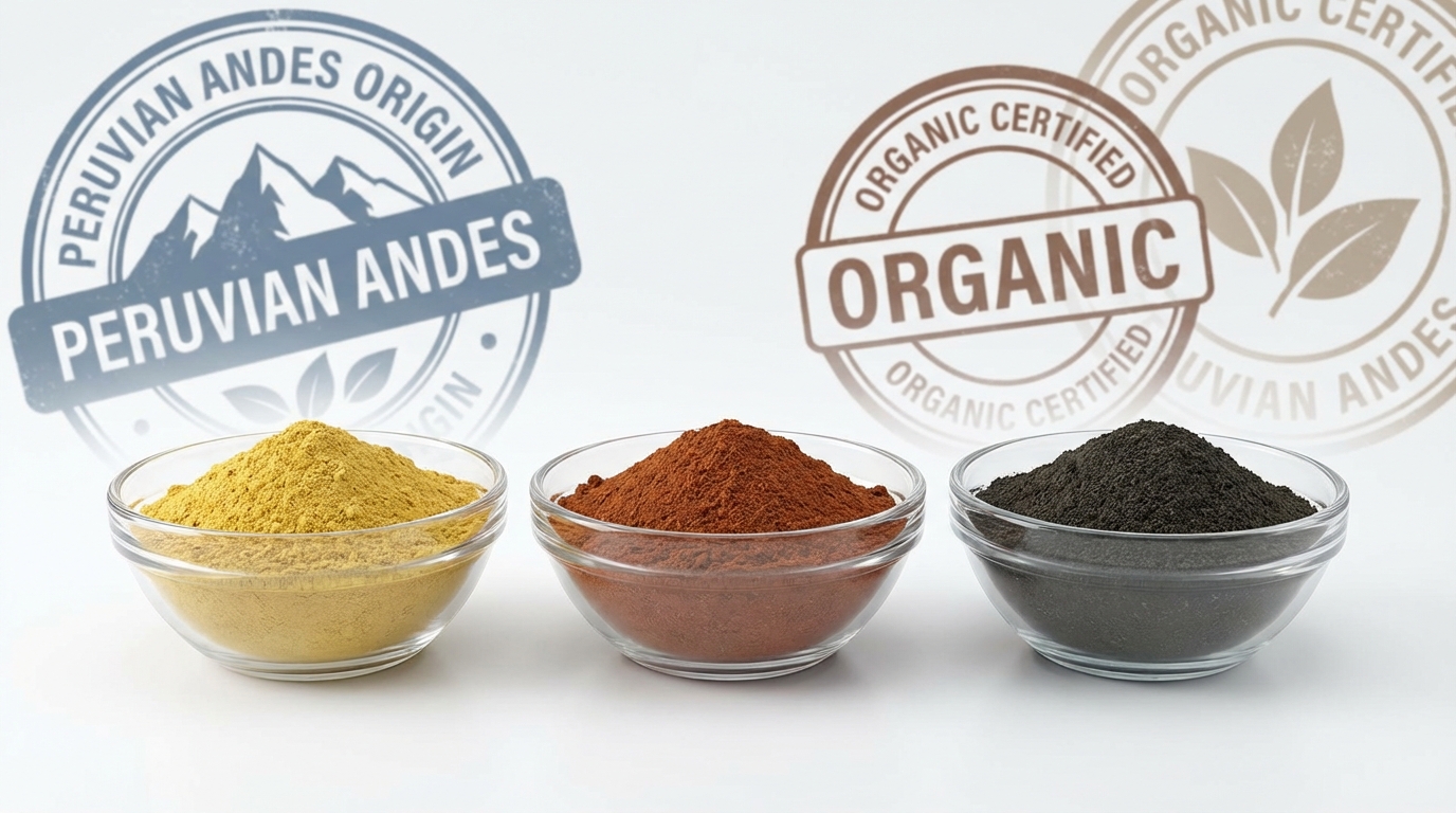 노란색, 빨간색, 검은색 마카 분말과 품질 인증 마크